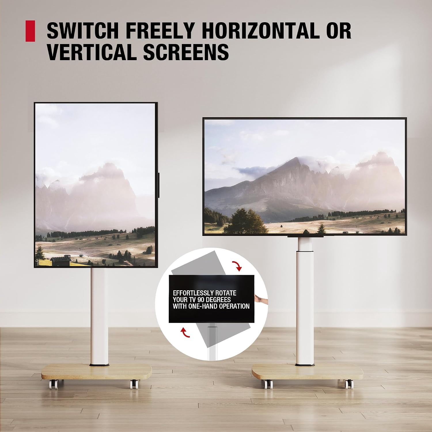 AOKCOS Rolling TV Stand for 32–65 Inch TVs, White, Portrait/Landscape Rotation, Tilt