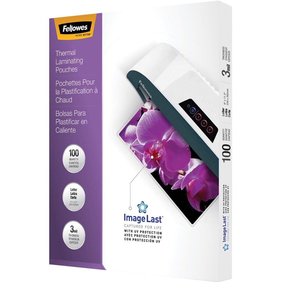 Fellowes Image Last Letter Jam Free - 100-Pk - 3 Mil- Clear Plastic - 9 x 11.5 Glossy Laminating Pouches