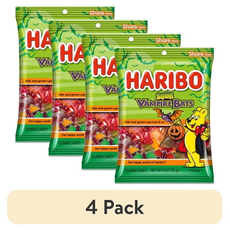 (4 pack) HARIBO Sour Bats Halloween Edition Gummies Bat Shaped Sour Gummy Candy, 4oz, Share Size Peg Bag