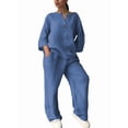 thumbnail image 2 of Womens Cotton Linen 2 Piece Sets V Neck Button Down Long Sleeve Shirt Wide Leg Trouser Sets with Pockets Blue 4XL, 2 of 7