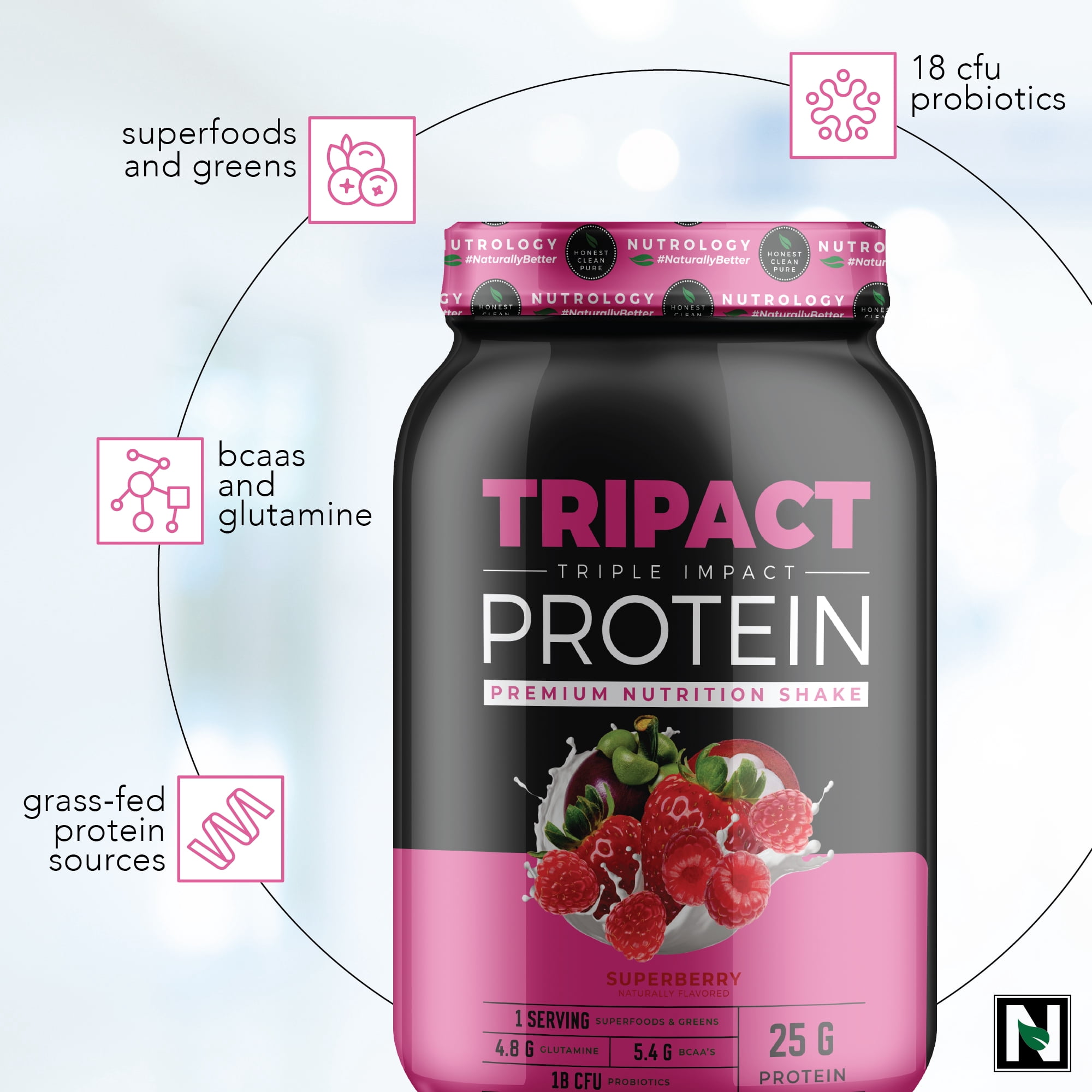 TRIPACT PROTEIN - Premium Nutrition Shake - Non-GMO Grass Fed Whey Protein, Plant Proteins, Greens, Superfoods and Probiotics–Lean Muscle-Recovery-Boost Performance - Superberry 3lb.