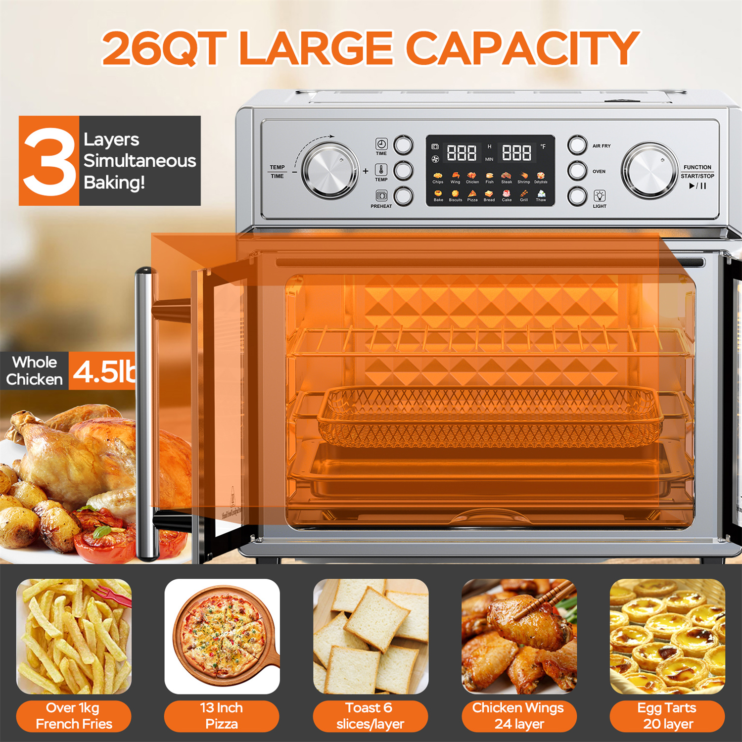 Plum Chef 27.5-Quart French Door Air Fryer Toaster Oven, 14-in-1 Combo Stainless Steel Countertop Oven with Digital Display & Dual Knobs, Silver
