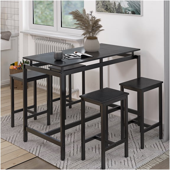 Black 5-Piece Counter Height Dining Set with Table and 4 Stools, Kitchen Breakfast Nook Table Set for Small Spaces