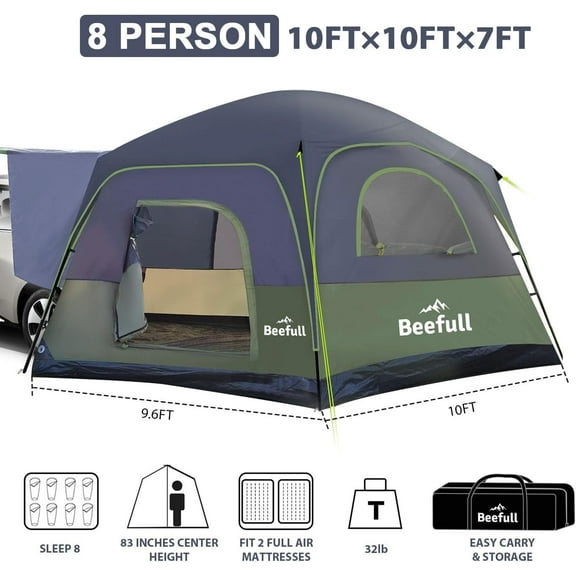 SUV Tent Instant Tent with 10-Minute Setup, 6/8/10 Person Car Camping Tent with Waterproof PU2000mm, Double Layer Design with Pre-Attached Poles