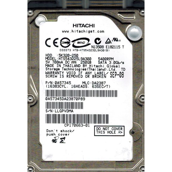 Hitachi HTS543225L9A300 P/N: 0A57345 MLC: DA2387 250GB