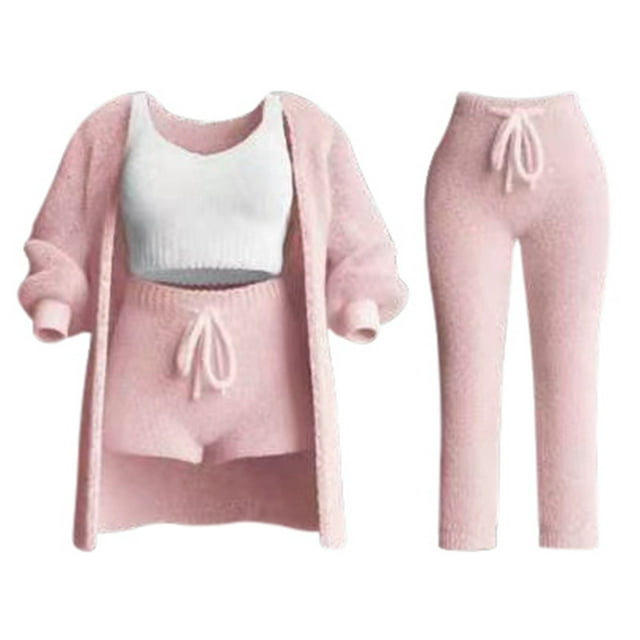 MKLEKYY conjunto de Pijama Corto para Mujer, Informal, Sexy y A La Moda, con Cuello En V Profundo, Manga Larga, Abrigo, Pantalones Cortos, Pantalones Largos y Chaleco.