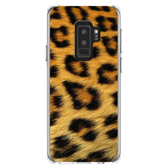 DistinctInk Clear Shockproof Hybrid Case for Samsung Galaxy S9  PLUS (6.2" Screen) - TPU Bumper, Acrylic Back, Tempered Glass Screen Protector - Brown Black Leopard Fur Skin Print
