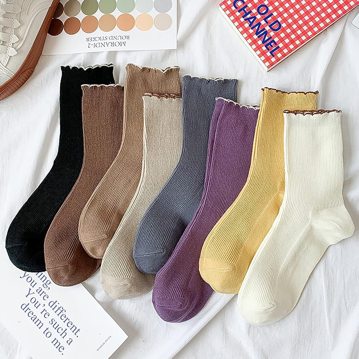Holzlrgus Women Cute Ruffle Frilly Aesthetic Ankle Socks Flower Embroidery Turn Cuff Crew Cotton Socks Teen Girls
