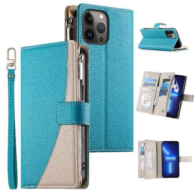 Funda cartera GANGXUN para iPhone 13 Pro Max , cuero PU con tarjetero, cremallera, correa de mano, soporte y protección 660°