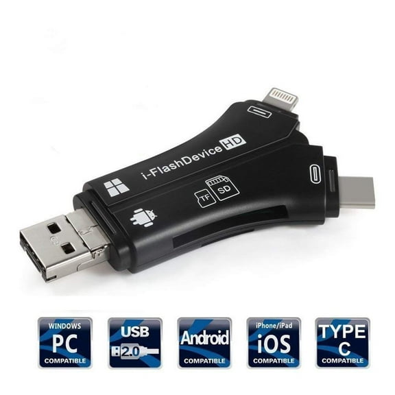 SD Card Reader, 4 in 1 iPhone/Micro usb/USB Type-c/USB SD Card Reader for iPhone iPad Mac & Android, SD & Micro SD, PC Black