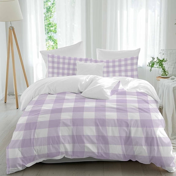 3 Piece Plaid Purple Rural Style,Duvet Cover Set California King,Microfiber Comforter/Quilt Cover with Corner Ties and 2 Pillowcases,Rural Abstract Geometric Lattice Soft Bedding with Zipper Closure