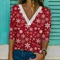 thumbnail image 2 of Fall Christmas Printed Tops for Women Crochet Lace Trim V Neck T Shirts Casual Loose Pullover Tee Shirts Tunic Blouses, 2 of 5