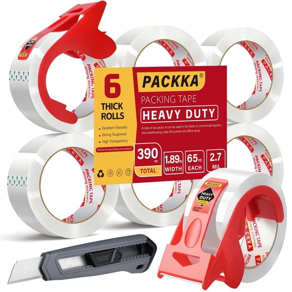 Heavy Duty Packing Tape for Moving Boxes and Packaging Supplies, Total 390y, 6 Rolls Clear Moving Tape with Dispenser and Utility Knife, 1.89in. X65yd, Mailing and Moving Supplies