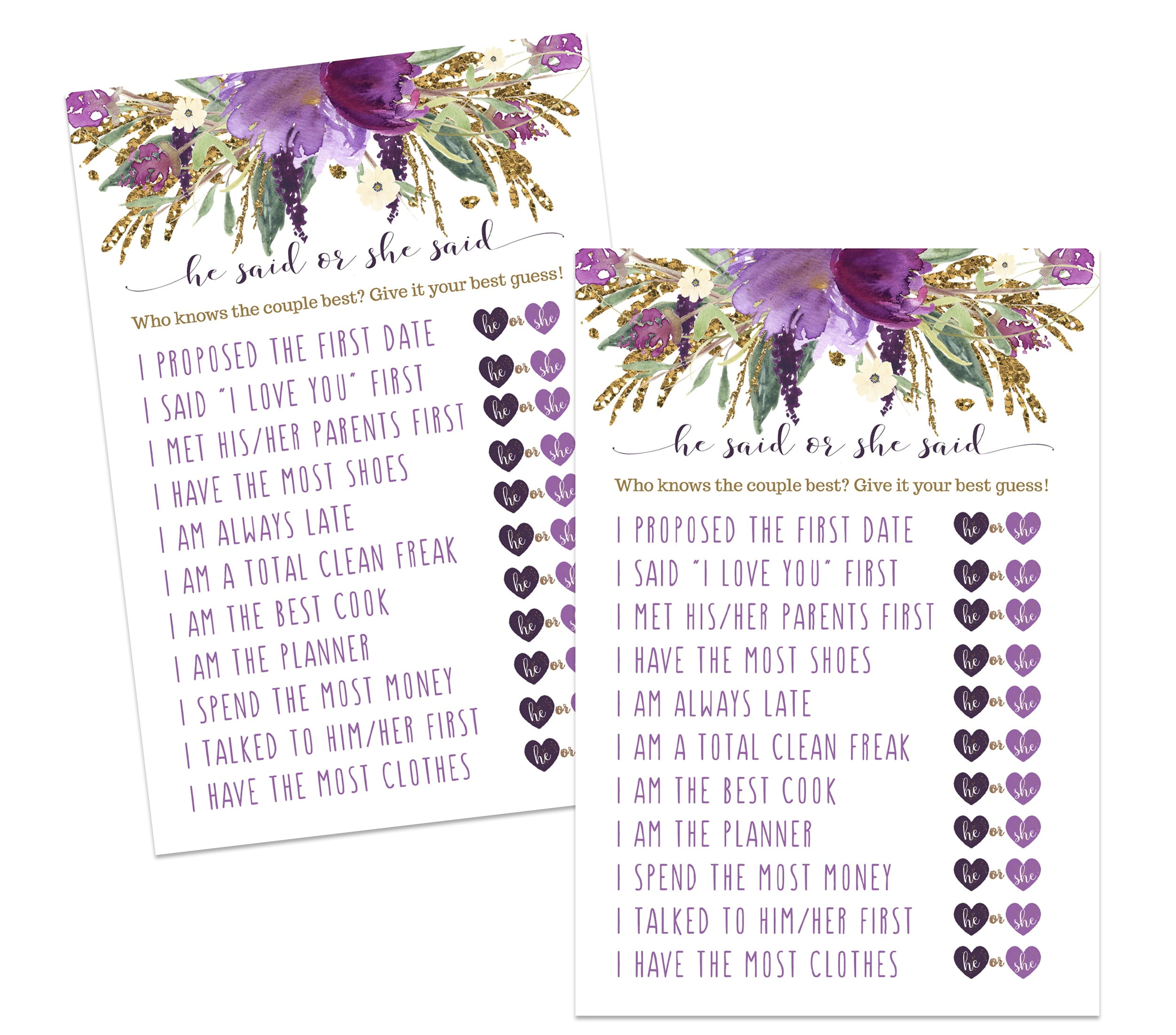 Purple Floral Bridal Shower Game Cards He Said or She Said 25 Pack Who  Knows Bride and Groom Guessing Activity - Modern Lilac Rustic - Printed 4x6  Size Set - Paper Clever Party - Walmart.com