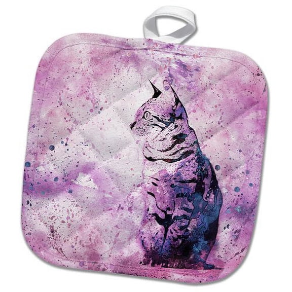 3dRose, Purple and pink watercolor cat illustration, 8x8 Potholder