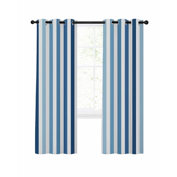 Blue Stripe Blackout Curtains, Light Blocking Print Window Curtains, Ombre Geometric Farmhouse Vertical Striped Thermal Insulated Window Drapes for Living Room Kitchen Cafe 2 Panels, 84"W x 63"L