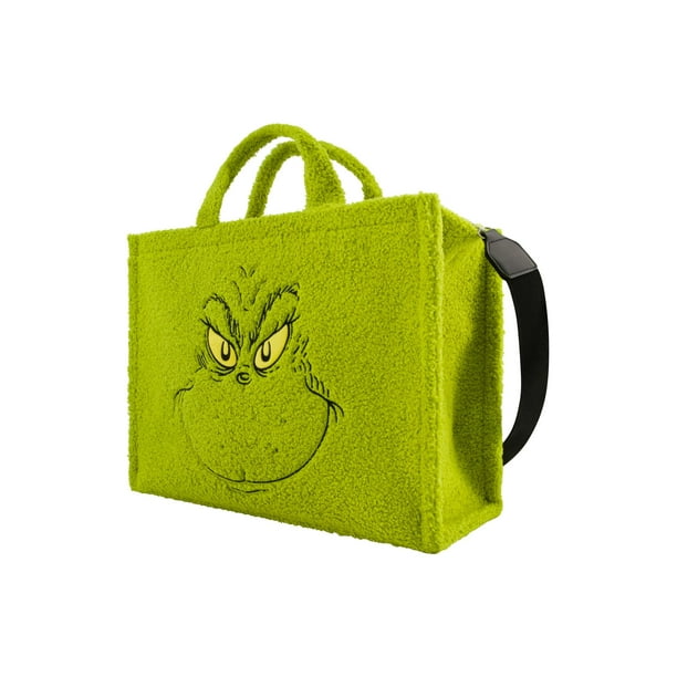 Dr. Seuss The Grinch Tote Bag, Faux Fur Travel Handbag with Adjustable Shoulder Strap and Trolley Sleeve, Green