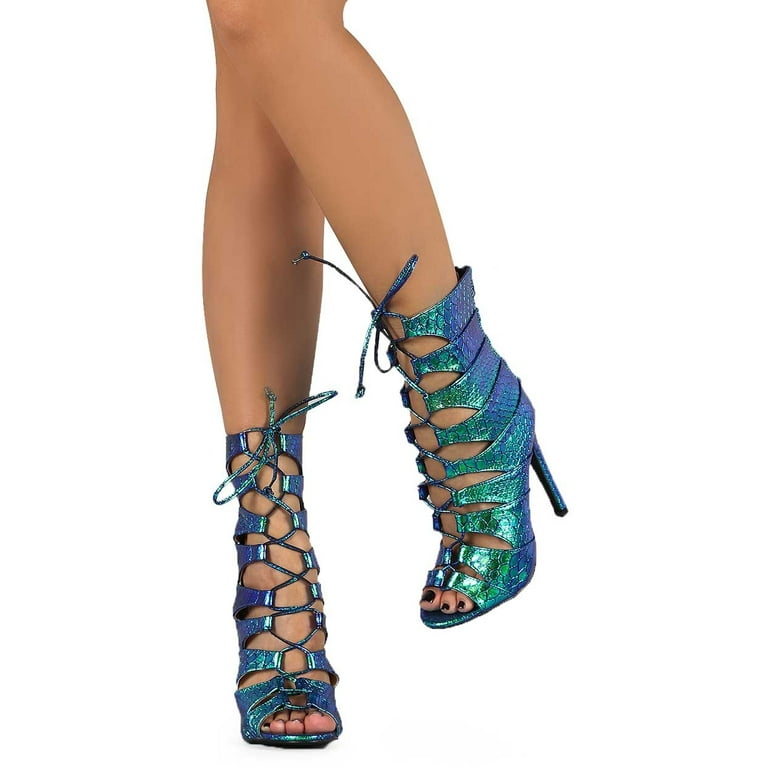 Liliana DF62 Women Hologram Snakeskin Peep Toe Gilly Tie