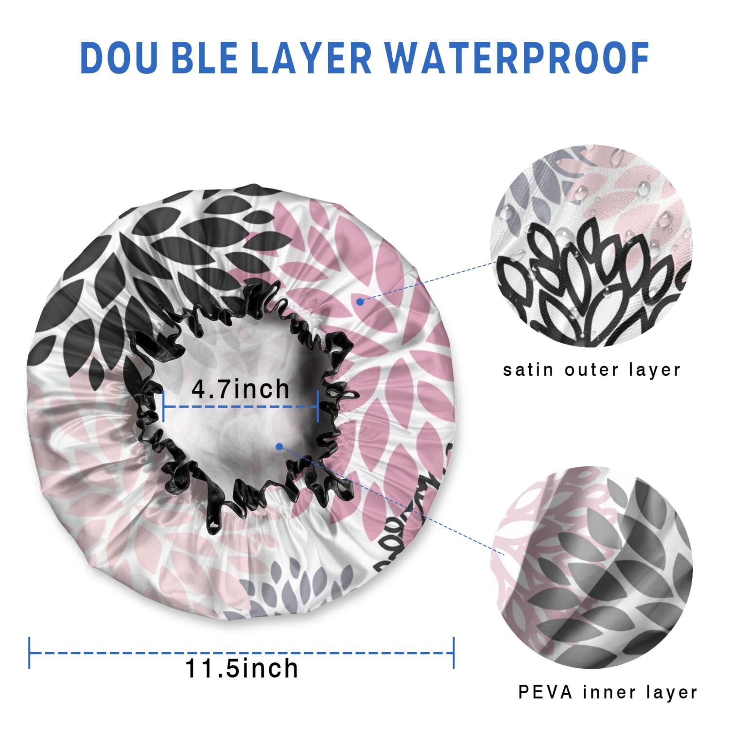 Shower Caps,Pink Floral and Petal Pattern Waterproof Shower Cap for Women 4 Pieces,Double Reusable Hair Cover for Shower PEVA Elastic Stretch Hem