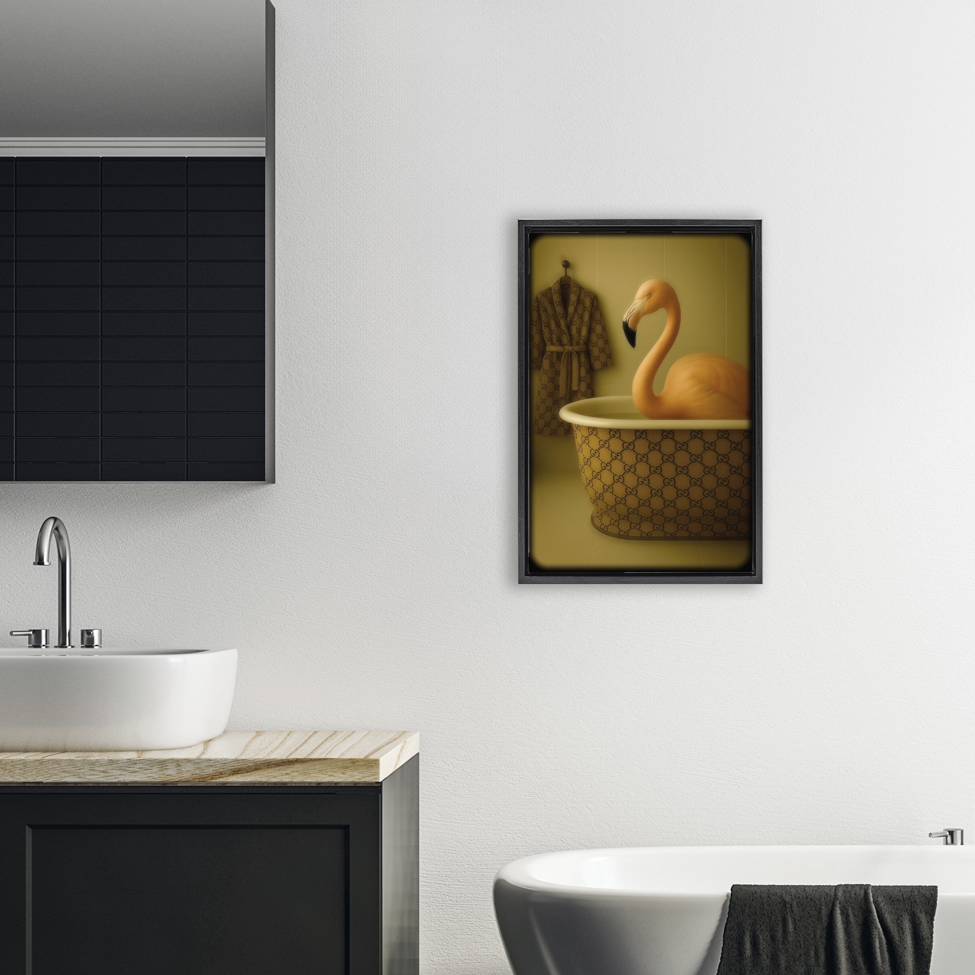 Stupell Industries Couture Flamingo in Luxury Tub Black Framed Floater Canvas Wall Art, design by Grotto Studios