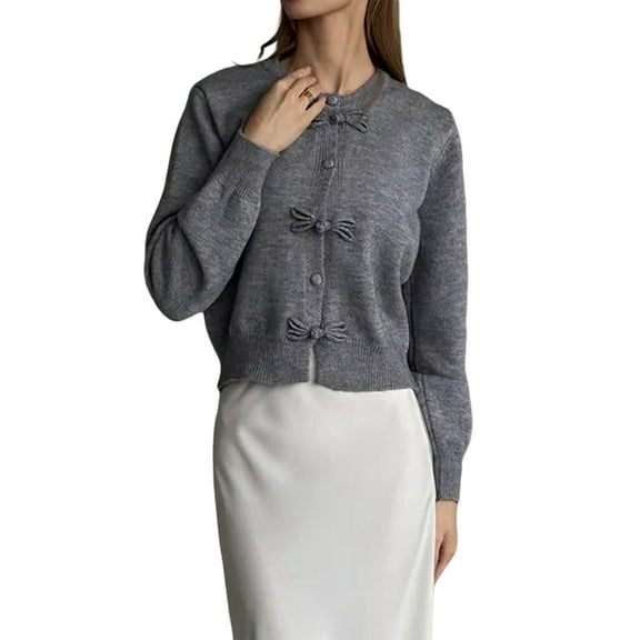 Women'S Crew Neck Cropped Cardigan Sweater Long Sleeve Front Button Shawl Sweater Jacket Grey S