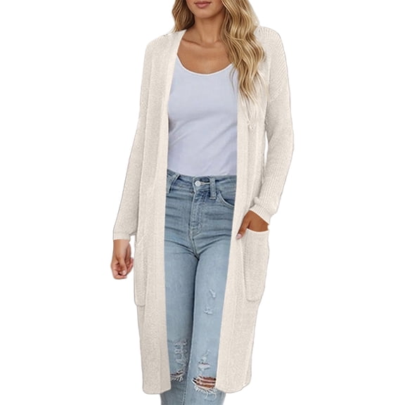 Wang6 Women Lightweight Long Cardigans Sweaters Trendy Long Sleeve Knee Length Cable Knit Sweater Fall Open Front Loose Solid Knitted Loungewear Outwear with Pockets White XL