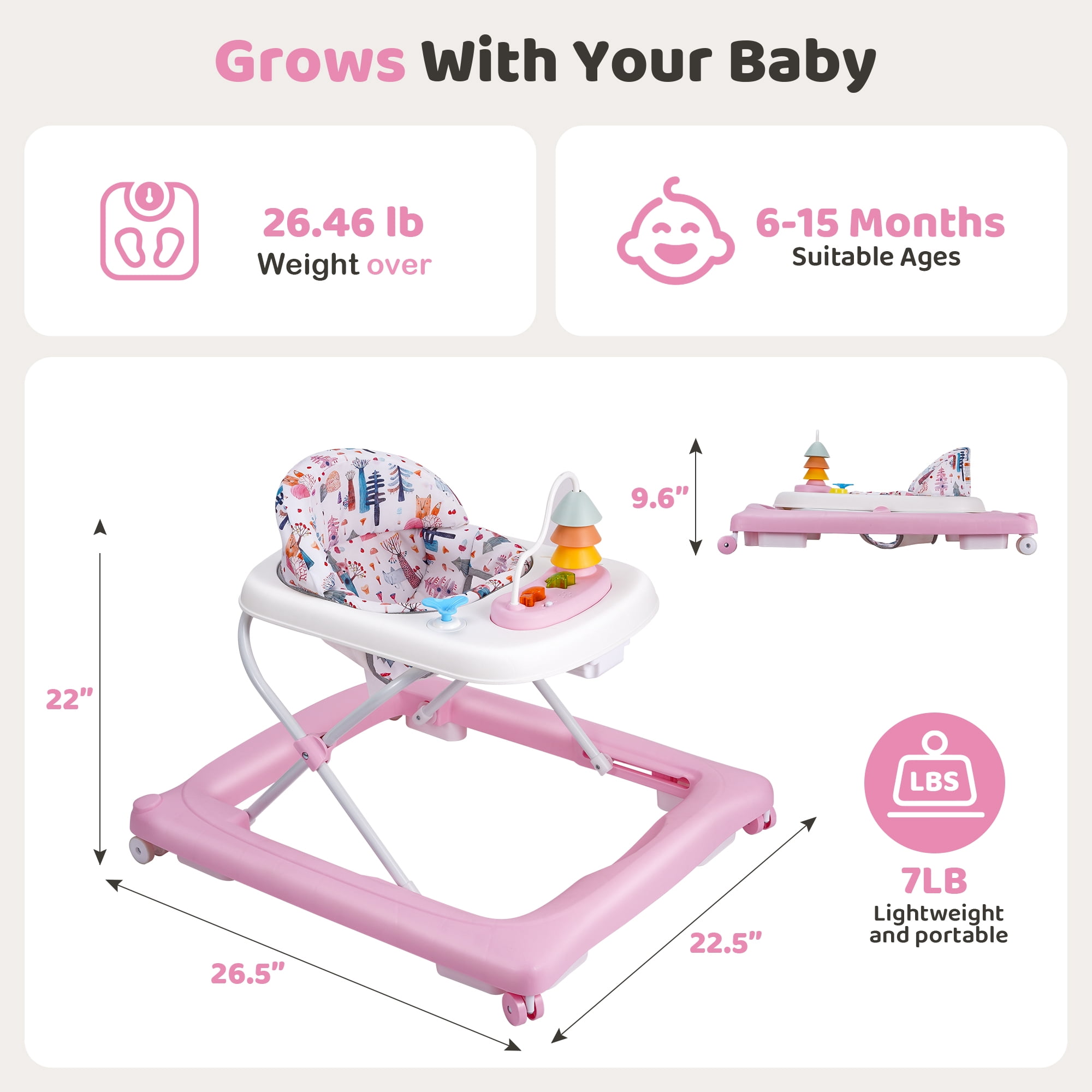 Babyeap Baby Walker,Foldable Baby Activity Walker with Wheels,Toddler Activity Centers,Removable Toys,Ages 6-15 Months,Pink