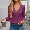 thumbnail image 5 of ATOYSOY Outwear Fall Solid Color Tops Casual Cotton Linen Deep V Neck Pullovers Loose Shirts for Women Trendy Long Sleeve Tees Purple M, 5 of 6