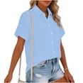 thumbnail image 4 of Ashirexll Womens Summer Tops, Short Sleeve Shirts for Women, Fashion Casual Solid Color Plaid Flared Hem Button-Up Blouse, 4 of 6
