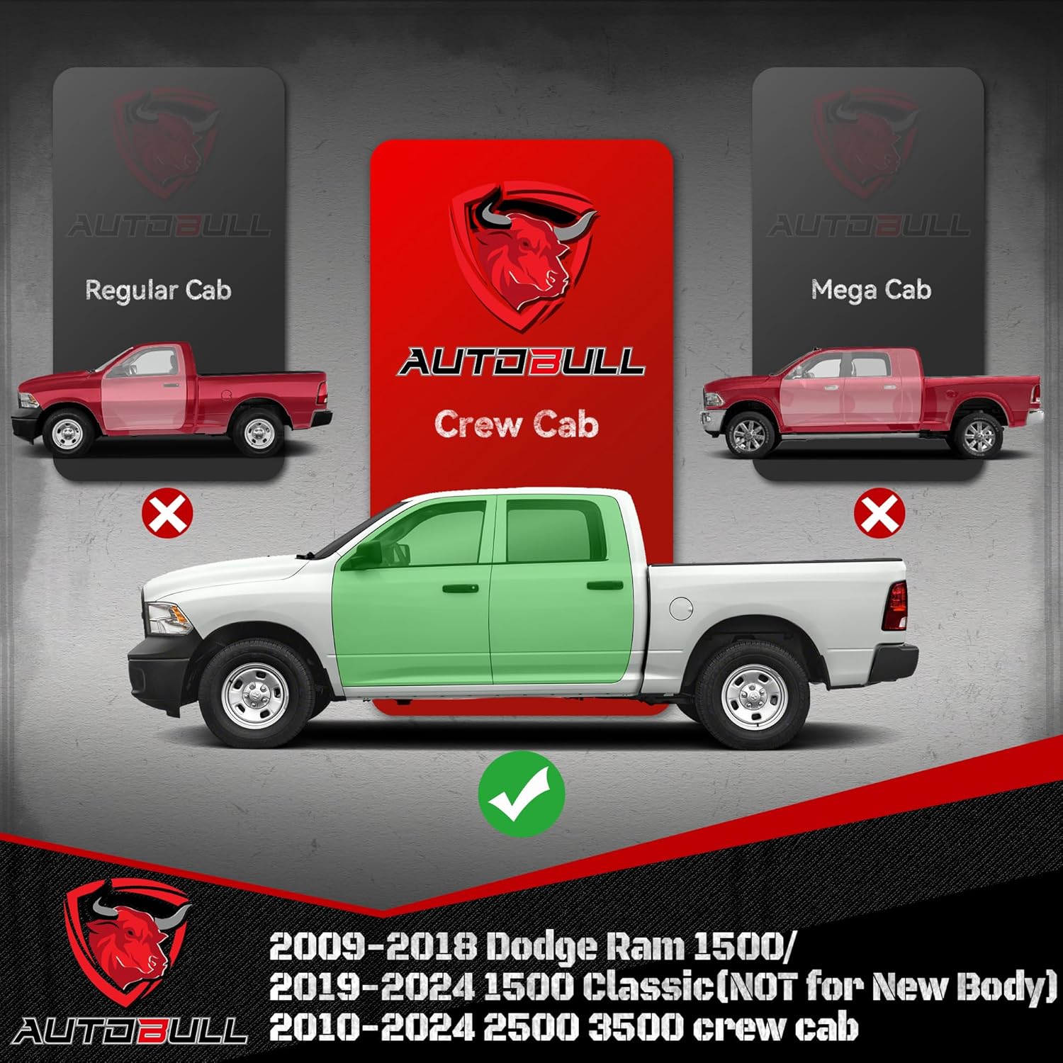 AutoBull 6" Running Board for 2009-2018 Dodge RAM 1500/10-24 RAM 2500 3500 Crew Cab Side Step Nerf Bar