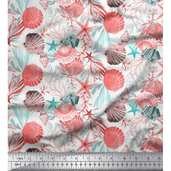 Soimoi Rayon Fabric Coral,Starfish & Sea Shell Ocean Print Fabric by Yard 42 Inch Wide