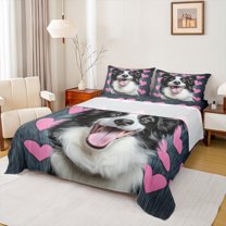 Castle Fairy Cute Black White Dog 4pcs Bed Sheets for Kids Teens Adults,Kawaii Animal King Sheets,Pink Love Heart Print Super Cozy Sheet Set,Ultra Soft Home Decor