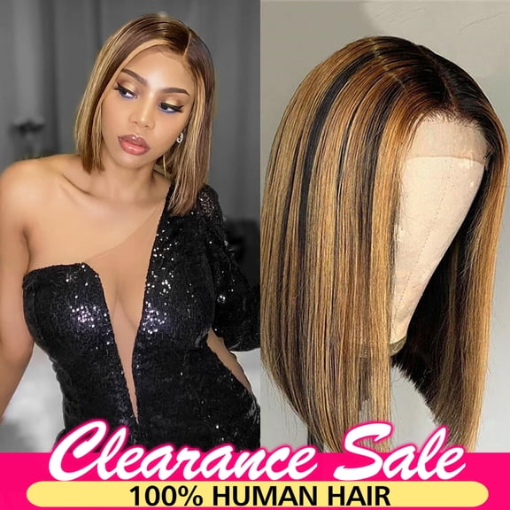 DOPI Short Bob Straight Lace Front Wigs Human Hair For Women Highlight Ombre Blonde Brown 13x6x1 T Part Hd Transparency Lace