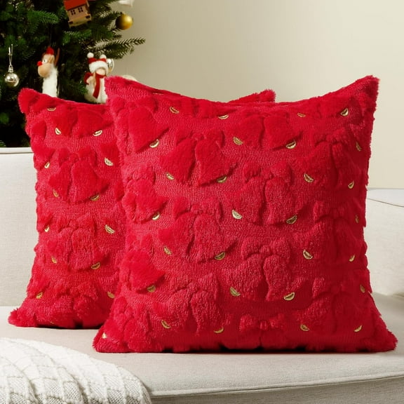 Softalker Christmas Pillow Covers, Decorative Bell Pillow Cases 18x18 Inch Set of 2, Faux Fur Soft Xmas Throw Pillow Covers for Couch, Sofa, Home, Living Room, Party Decor (Red)