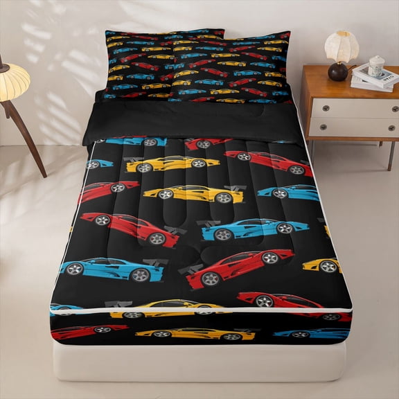 Manfei Colorful Race Car Zipper Twin Comforter Sets with Fitted Sheet and 2 Pillowcases,Classic Kid Art Zipper Bedding Set,Black,Black Reversible,4pcs