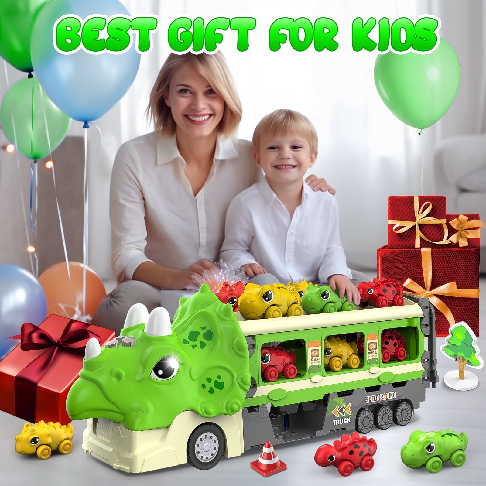 Gkcity Dinosaur Transport Truck Toy - Foldable Sliding Ramp, 6 Racing Cars, Lights & Sounds - 19 Pieces