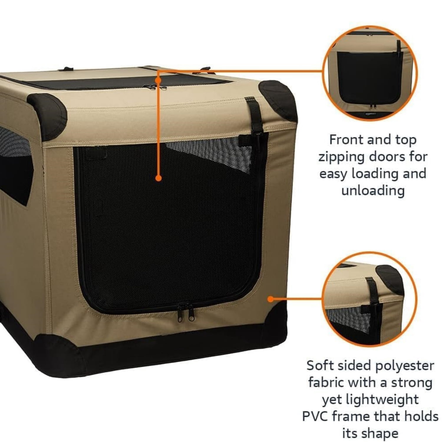Portable Folding Soft Dog Crate for Cat, Dog, Rabbit, Double Door with Mesh Ventilation, Collapsible, Easy to Set Up, Large 36" x 24" x 24", Tan