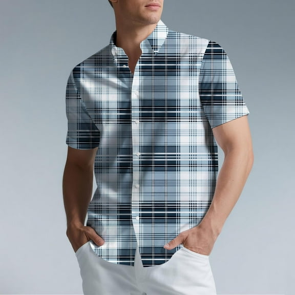 Handshe Mens Button Up Shirts Short Sleeve Plaid Printed Lapel Dress Shirt Vintage Classic Bowling T-Shirts