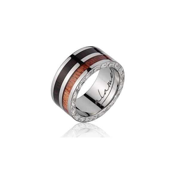 Genuine macassar ebony Hawaiian koa wood wedding band ring titanium scroll 10mm size 8