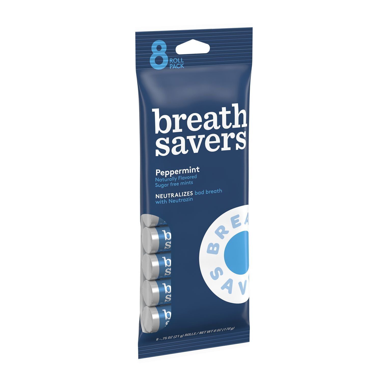 BREATH SAVERS, Peppermint Flavored Sugar Free Breath Mints, Made with Neutrazin, 0.75 oz, Rolls (8 Count)