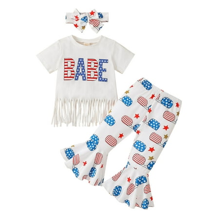 

Toddler Girls Short Sleeve Independence Day 4th Of July Letter Printed Tassels T Shirt Tops Bell Bottoms Pants Headbands Kids Outfits