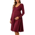 thumbnail image 3 of UKHCCC Women's Maternity Midi Dress, V-Neck Long Sleeve Ribbed Knit A-Line Dress with High Waist, Stretchy Loose Pregnancy Dress for Work, 3 of 8