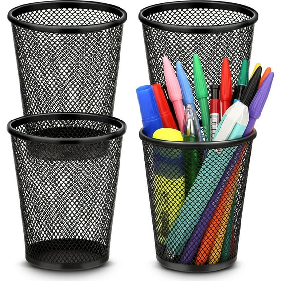 Pen Holder for Desk, Pencil Holder for Desk, 4 Pack Pencil Cup for Pen, Mesh Metal Pen Organizer for Desk Black, Desk Pen Holder