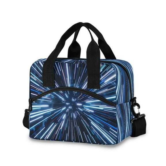 joogoo Space Light Blue Neon Stripes Insulated Lunch Bags Reusable Cooler Box with Shoulder Strap