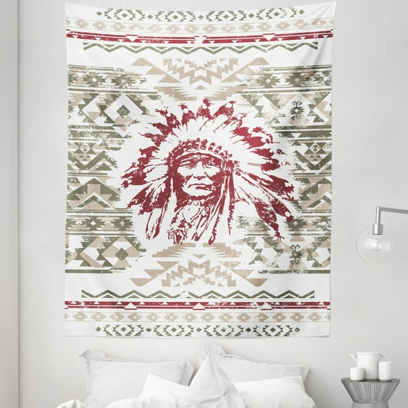 Art Tapestry, Retro Style Eagle Heart Chief Trail Grunge Effect and Geometric Motif, Fabric Wall Hanging Decor for Bedroom Living Room Dorm, 5 Sizes, Sage Green Ruby and Tan, by Ambesonne