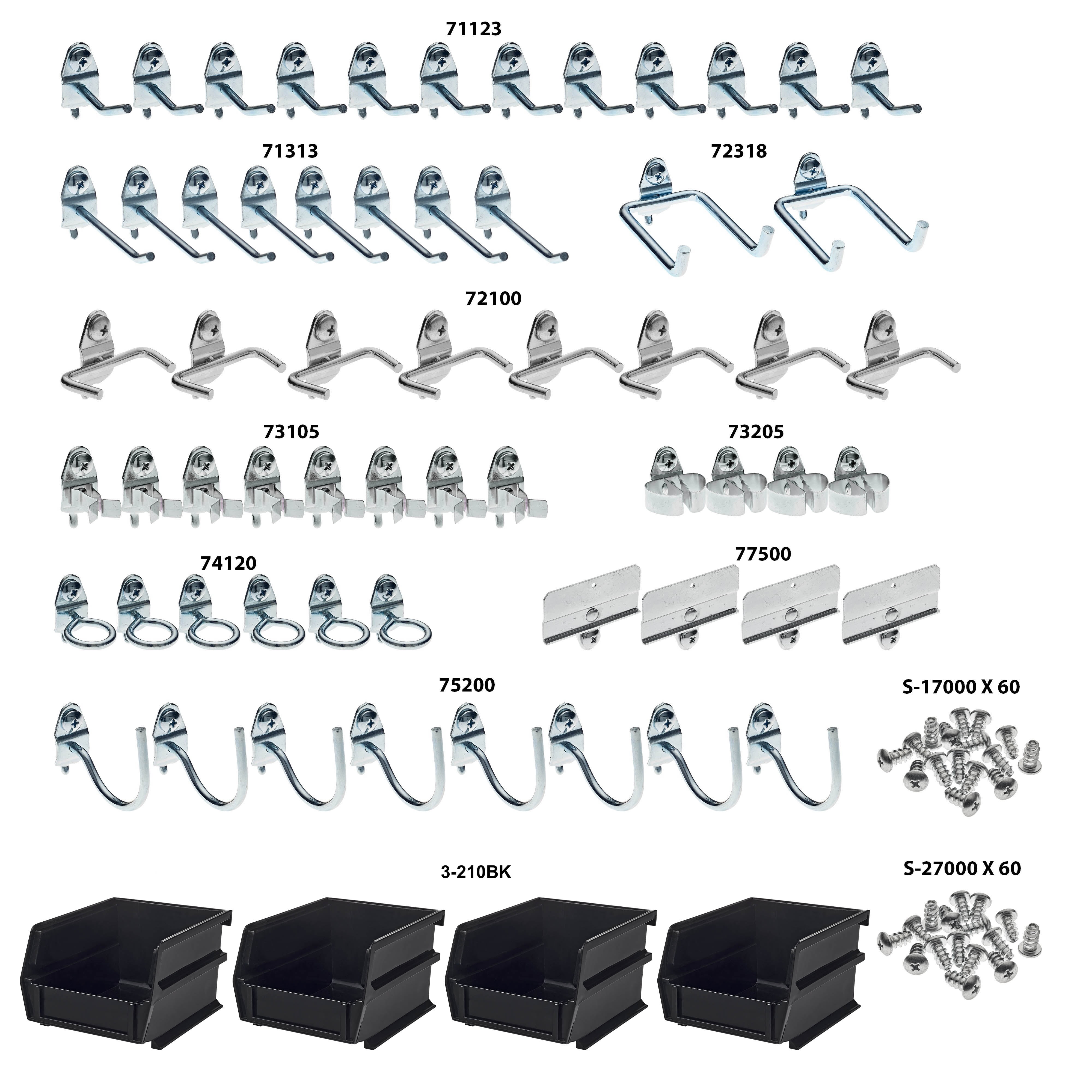 Triton Products® 64-Piece Steel Pegboard Hook & Plastic Bin Kit, 60 Hooks & 4 Bins, Model# 76964