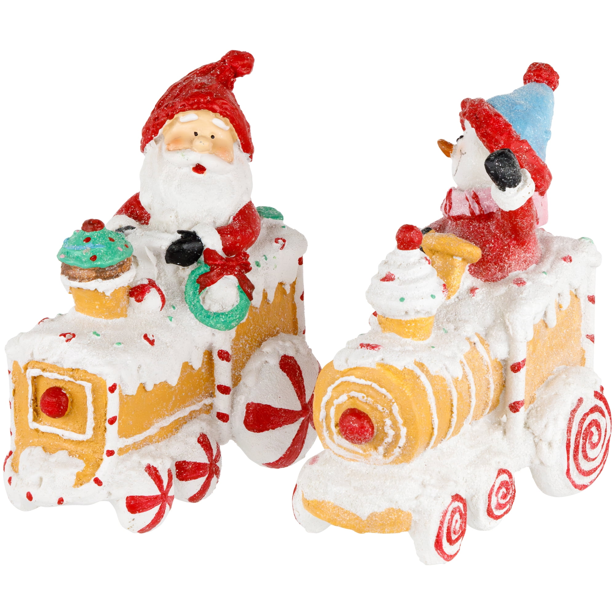 Set of 2 Santa and Snowman on Gingerbread Trains Christmas Figures - 6.75"