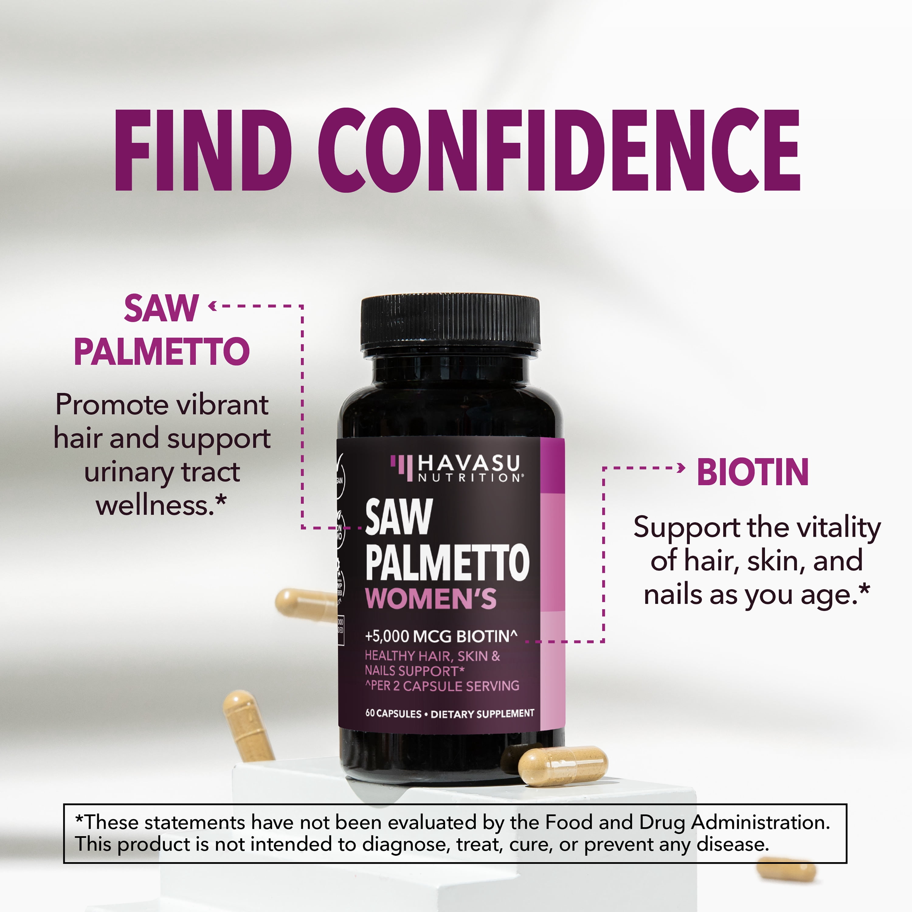 Havasu Nutrition Women’s Saw Palmetto Capsules with 5000mcg Biotin for Hair, Skin, and Nails, 60 Count