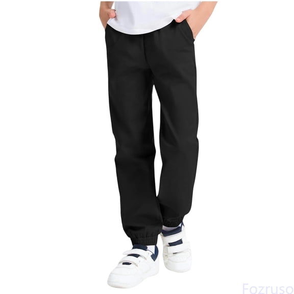 Fozruso Boys Casual Solid Color Pants With Drawstring Ankle And Side Pockets Comfortable Elastic Waistband For Everyday Wear School Uniform Pants Sizes 4-5 Years(Black)