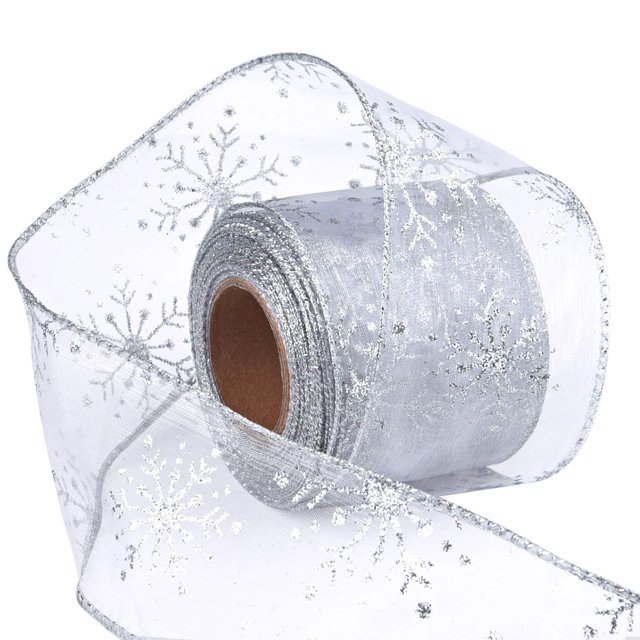 Livder Cinta navideña con cable de 2,5 pulgadas de ancho, cinta de organza con purpurina transparente para copo de nieve, decoración de fiesta, envoltura de regalos (plateado-blanco, 10,9 yardas)